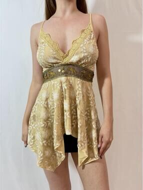 Y2k Lace Sparkly Babydoll Beige Handkerchief Cami